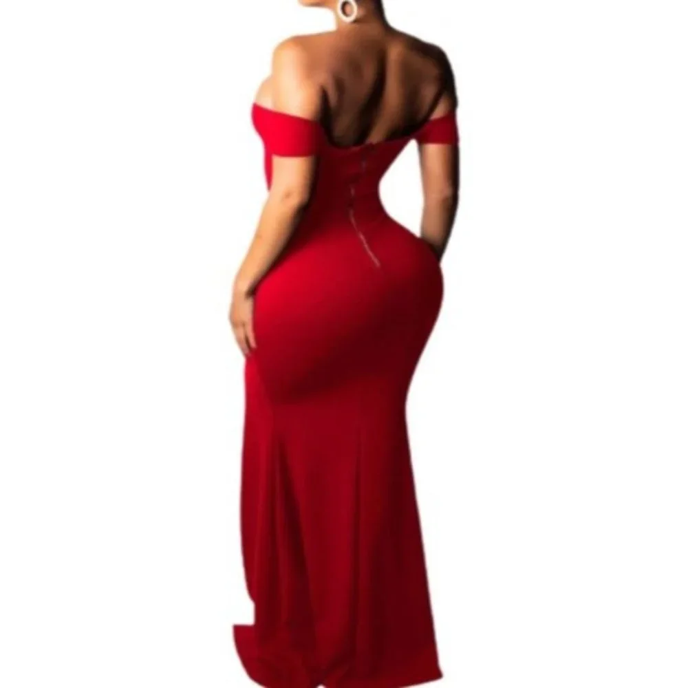 Women's Off Shoulder Side Split Short Sleeve Elegant Skirt Bodycon Maxi Evening - Picture 1 of 4